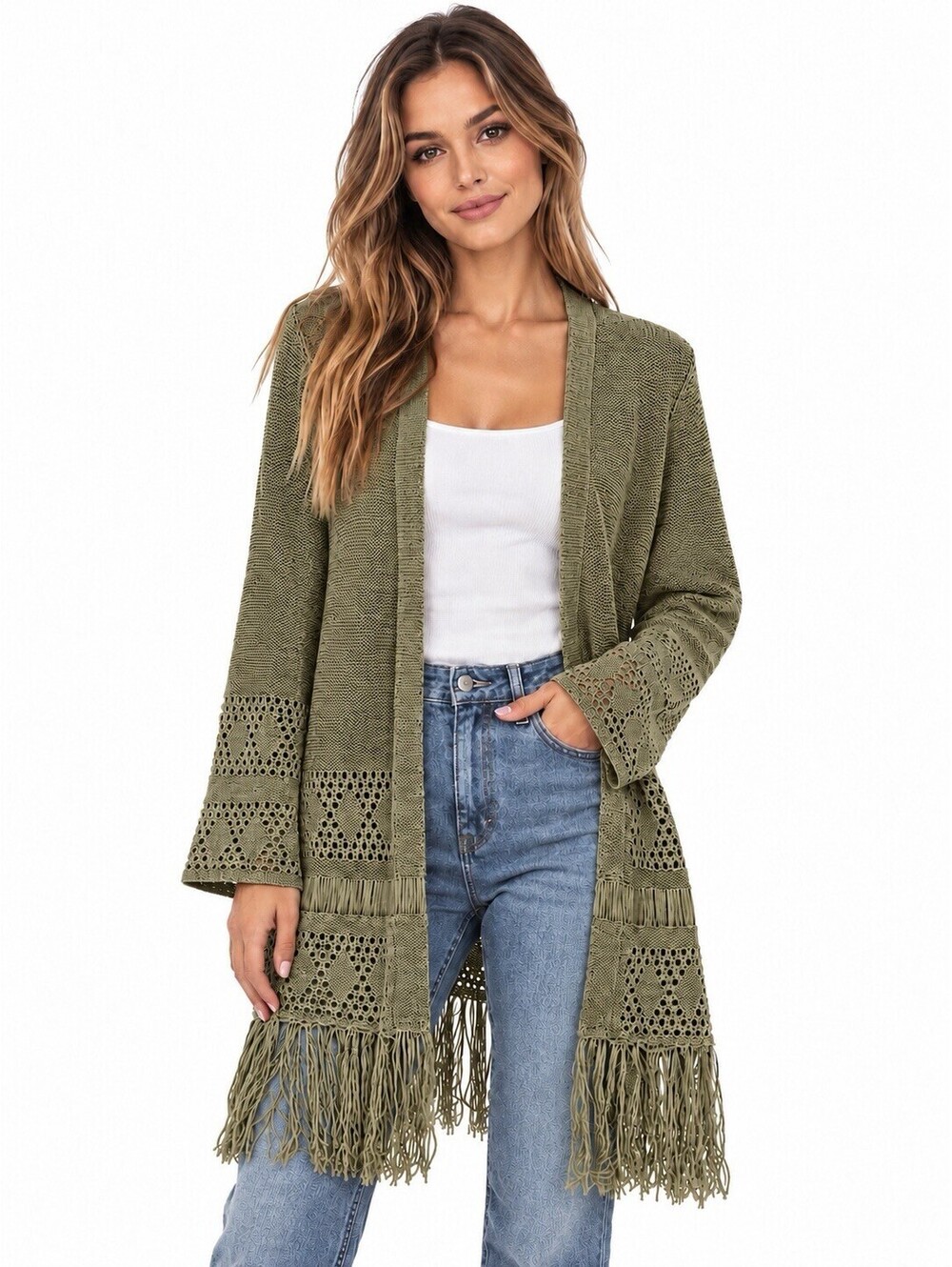 MICHAEL Michael Kors Crochet Fringe Open Front Cardigan Women M Olive Green